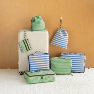 Cubes de rangement de voyage rayés en polyester durable, kit d'organisation de bagages avec étiquette de marque personnalisée et pochette à fermeture éclair - Product Image 6