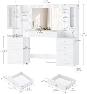 Tocador de Maquillaje Blanco de 10 Cajones WenFeng Factory OEM/ODM - Luz Regulable de Múltiples Ajustes, Estructura de Acero y Detalles en Vidrio - Product Image 5