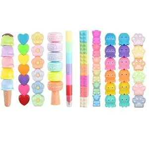 Creative Kawaii Cute Cartoon Highlighter Pens Bear Heart Octopus Flower Shapes Pastel Stacking Highlighter Pen for Kids