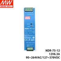 Alimentation électrique sur rail DIN Mean Well NDR-75-12 75W 12V 6.3A avec PFC actif, contrôle industriel, sortie simple, produit original authentique