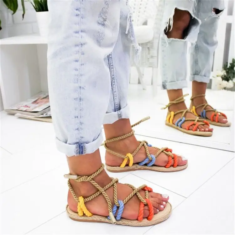 High Quality Bohemia Female Linen Strappy Shoes Summer Women's Lace Up Hemp Rope Sandal Flats