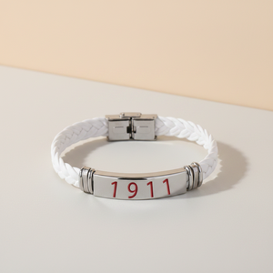 Hochwertiger Edelstahl-Armreif mit Lederdetails im griechischen Kappa-<span class=keywords><strong>KAY</strong></span>-Stil, rot-weiß getönt, mit 1911-Symbol für Bruderschaften - Product Image 4