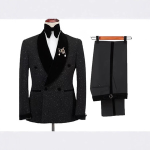 Costume de mariage pour homme en velours noir brillant, 2 pièces, smoking de marié, revers en châle plat, costume de mariage pour homme, smoking pour homme - Product Image 1