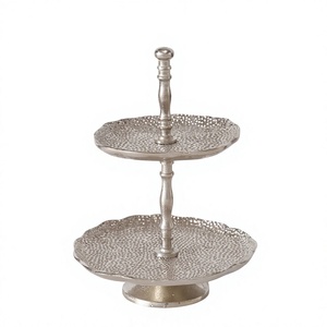 Modern Silver Metal 2 <b>Tier</b> <b>Cake</b> <b>Stand</b> Luxury Hammered Dessert Display Tray Ball Finial Handle Cupcake Holder Party Decor - Product Image 1