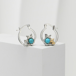 Boucles d'oreilles créoles hibou en alliage de zinc doré et blanc, micro-strass et turquoise, bijoux fantaisie animalier, cadeau - Product Image 3