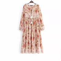 204 impression florale longue robe bohême col en V à manches longues taille haute femmes décontracté coreen style longueur de plancher