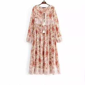 204 impression florale longue robe bohême col en V à manches longues taille haute femmes décontracté <span class=keywords><strong>coreen</strong></span> style longueur de plancher - Product Image 3
