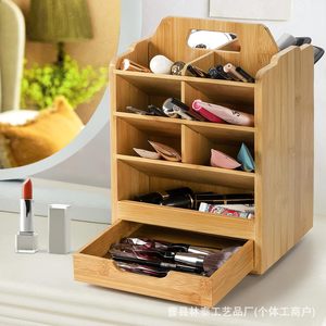 Bamboo Cosmetic Storage Rack <b>With</b> <b>Drawer</b> And Partitions For Desk Makeup Organization - Product Image 1