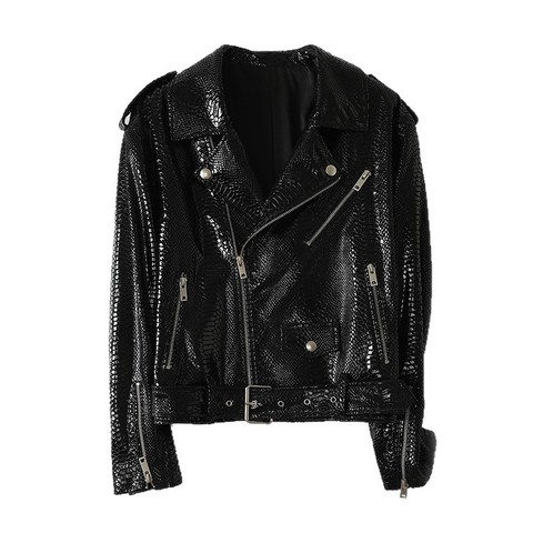 3161-4 New Style Genuine Leather Coat Sheepskin Embossed Snake Pattern Glossy Lapel Zipper Style Motorcycle Jacket