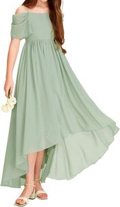 Robe de demoiselle d'honneur <span class=keywords><strong>junior</strong></span> en mousseline asymétrique à épaules dénudées, coupe trapèze, couleur unie, pour filles, idéale pour les fêtes d'anniversaire - Product Image 5