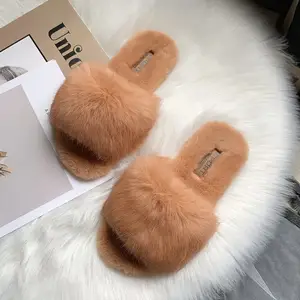 Zapatillas de Casa de felpa para interiores coreanas de invierno y Otoño con piel de conejo