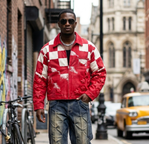 Men's Oversize Red Checkerboard Denim Bomber <b>Jacket</b> <b>Star</b> Embossed Acid Wash Streetwear Casual Loose Fit Waterproof Winter - Product Image 2