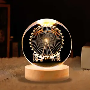 3D银河雕刻激光水晶球，带发光二极管照明木底座