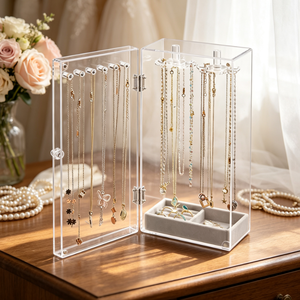 Clear Acrylic <b>Jewelry</b> <b>Storage</b> Box, Dustproof Necklace Holder with Hanging Hooks & Velvet Tray for Rings Bracelets Display - Product Image 3