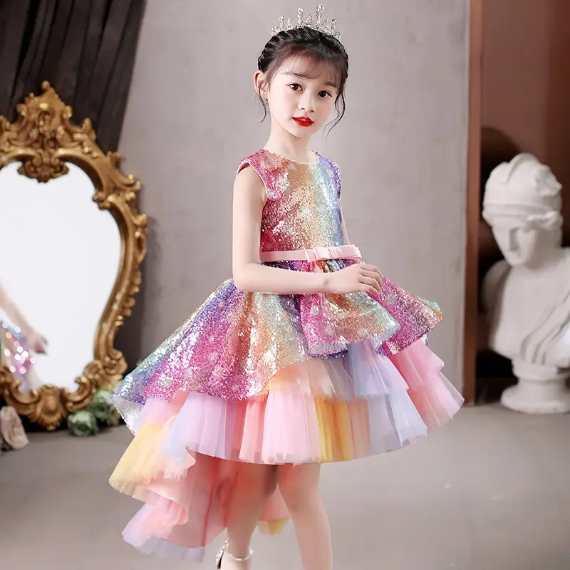 High Quality Layered Dress Kids Princess Printed Flower Christmas Colorful Sequined Evening Girls Party Dresses