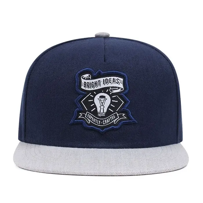 Lencana kustom satu ukuran cocok untuk semua 5 Panel dapat disesuaikan dua warna topi Snapback Navy abu-abu