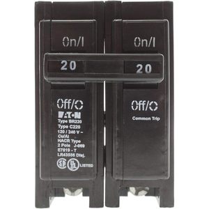 Interruptor de Circuito Eaton BR220, 20 Amperios, 2 Polos, 120-240 Voltios, Disparo Común, Tipo HACR, Montaje Enchufable - Product Image 1