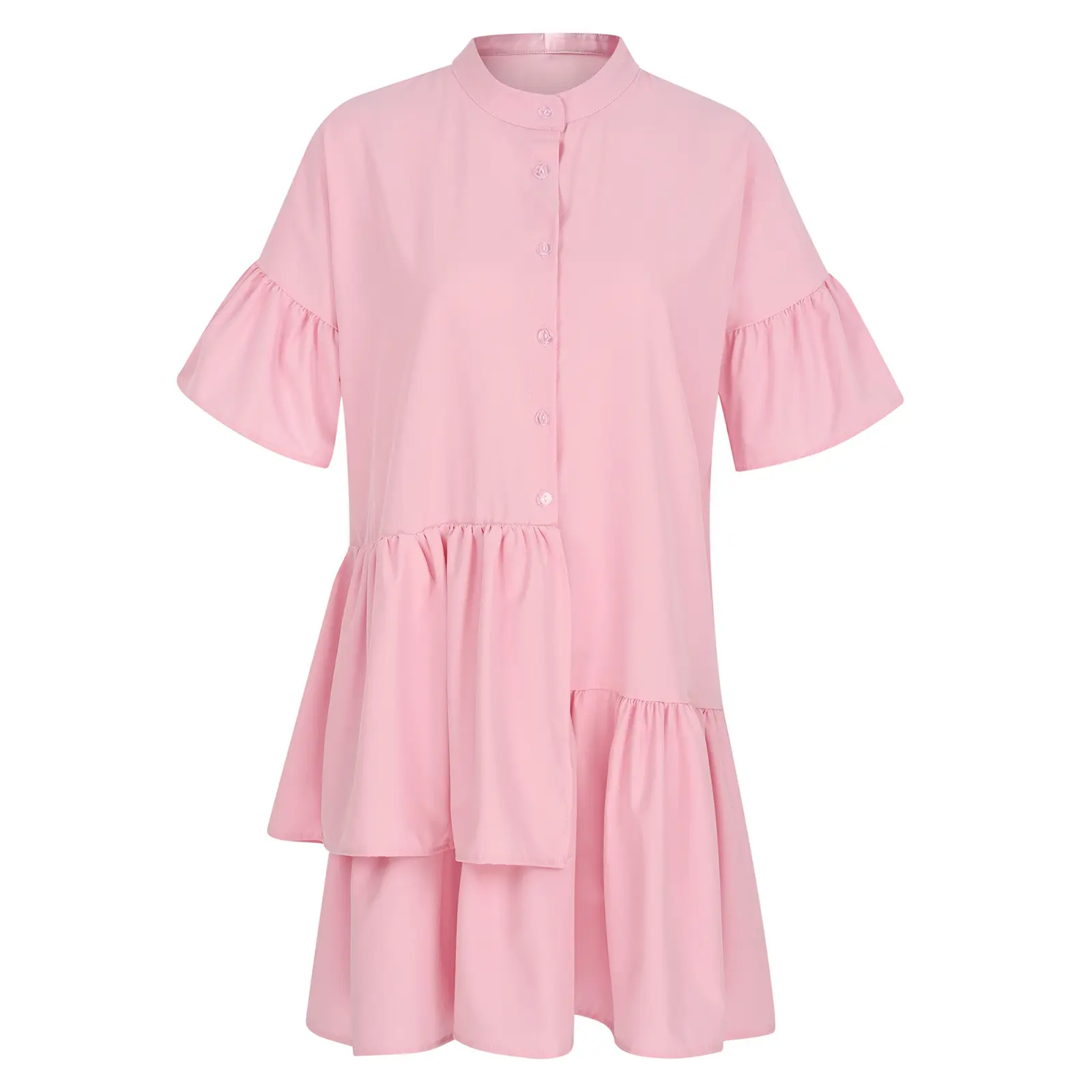 Nova Venda Quente Da Forma Das Mulheres Mini Vestido Camisa Manga Comprida Ruffle Hem Sólidos a Granel Rosa Vestido Curto Branco