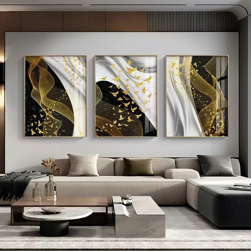 Modern Abstract Birds Flowing Crystal Porcelain Wall Art Black White Nordic Golden Painting For Luxury Home Office Decor