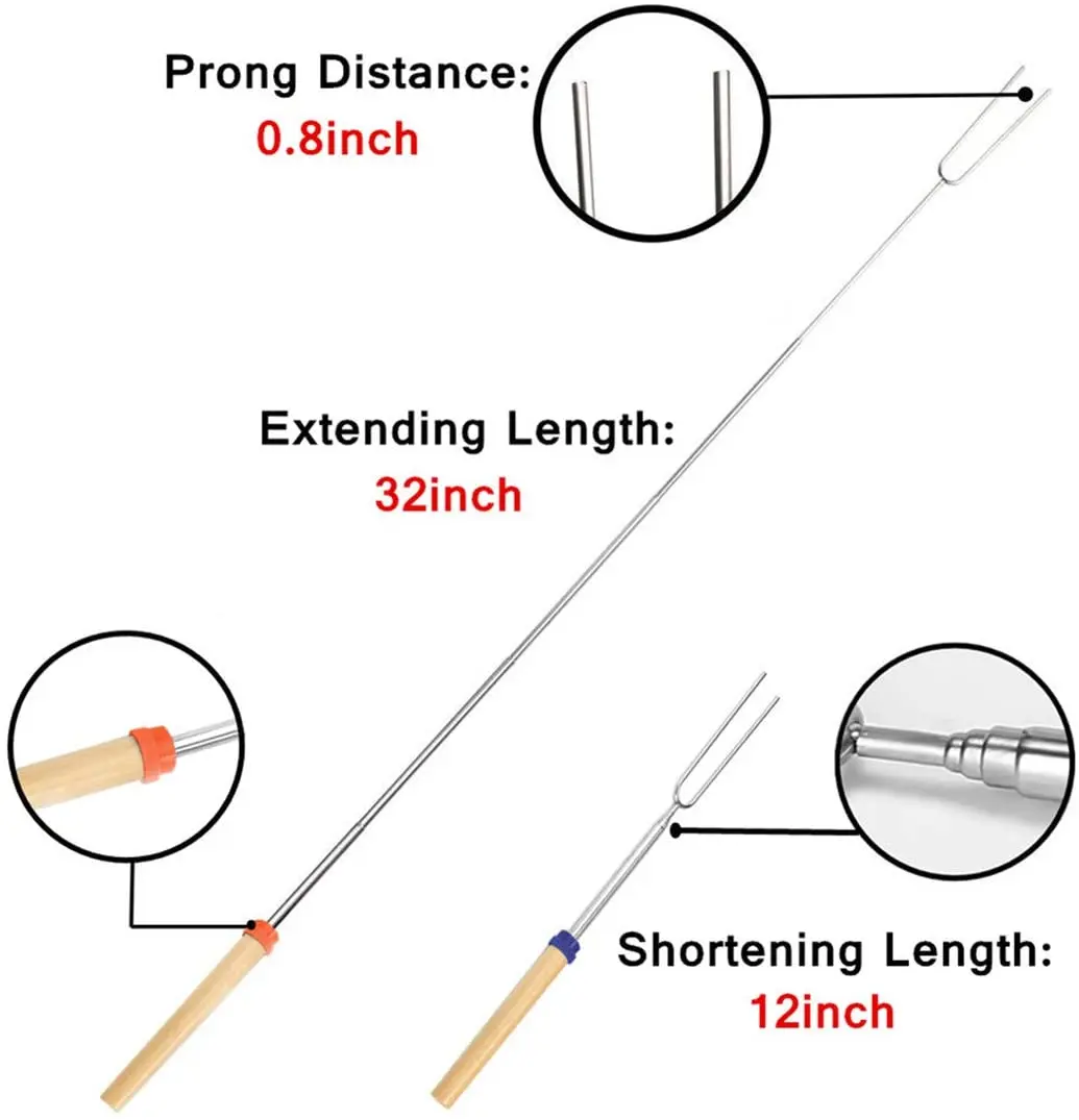 Высокое качество, Лидер продаж, 8 цветов с деревянной ручкой, зефир для барбекю, Шашлык Из Нержавеющей Стали, палочка для барбекю, телескопическая Жарка зефира