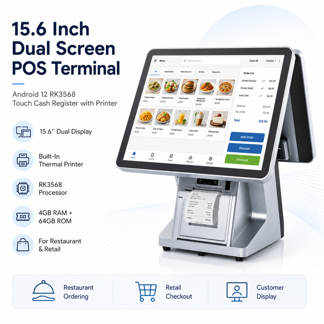 15.6 Inch Dual Screen POS Terminal Android 12 RK3568 4GB 64GB Touch Cash Register with Printer for Restaurant Retail