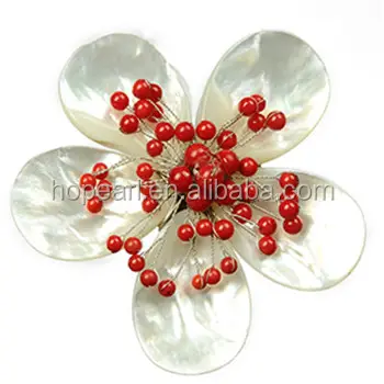 BRH34 Handmade Flower Design Red Coral Bead Wedding Brooch Natural White Shell Brooches