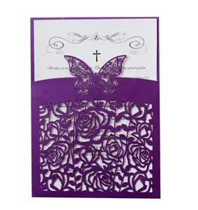 Tarjeta de felicitación de corte láser de Color púrpura romántica, invitación de fiesta de cumpleaños con calor, tarjeta de inserción personalizable