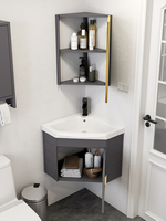 Meuble de salle de bain d'angle mural moderne gris triangulaire avec plateau en pierre d'aluminium et poignée dorée pour petite salle de bain