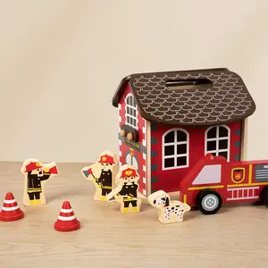 Boneka portabel kayu rumah polisi stasiun api mainan blok bangunan rumah pertanian mainan edukasi belajar Montessori
