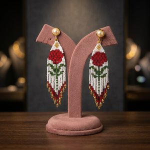 Boucles d'oreilles à franges de roses en perles Miyuki Delica faites à la main Sstringz, blanc ivoire, rouge rubis, vert feuille et or, avec clous de perles floraux sur le dessus - Product Image 3