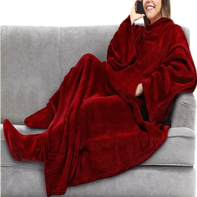 Warm cozy extra soft wearable fleece blanket with sleeves and foot pockets