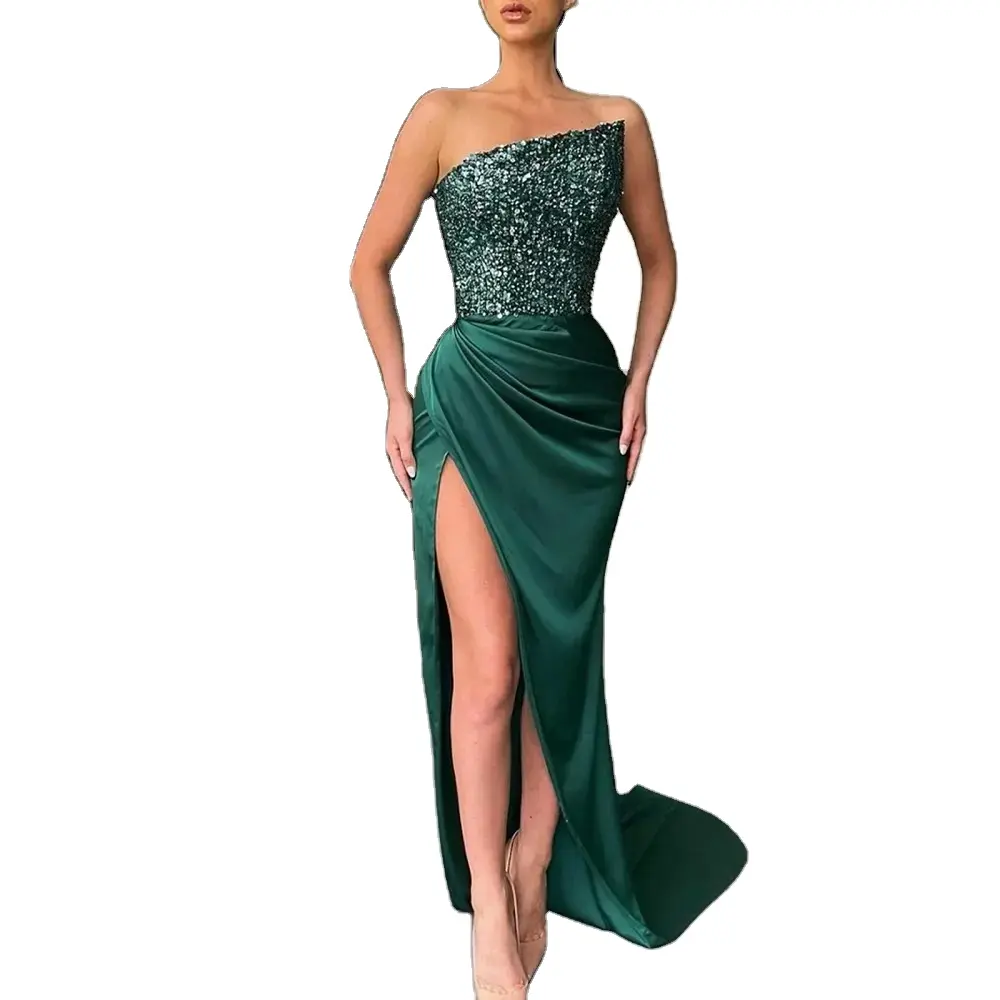 2024 nouveau vert élégant paillettes orné robes fée longue sans manches mode moyen longue soirée robe de soirée pour les femmes