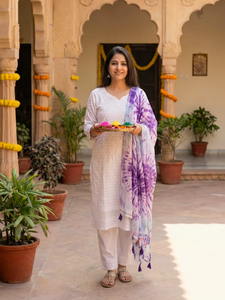 White Chikankari <b>Kurta</b> Set with Purple Tie Dye Dupatta for <b>Women</b> Embroidered Ethnic Cotton Suit - Product Image 2