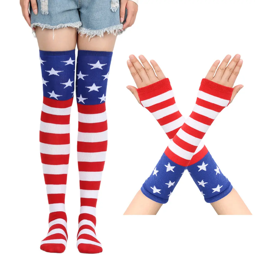 4. Juli Independence Day Stars Streifen Oberschenkel Socken Handschuhe Frauen Strümpfe Amerikanische Flagge Strümpfe über den Knies trümpfen