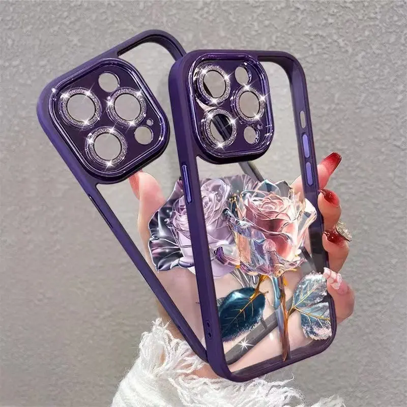 Sarung ponsel iphone 11 12 13 14 15 Pro Max, sarung ponsel lensa berlian berkilau bunga semi transparan 3D kristal mawar