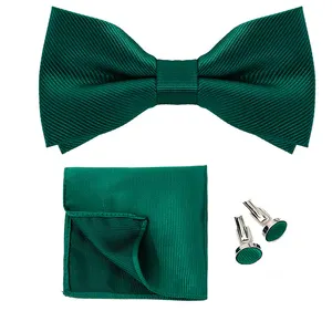 Green Black Mens Bow Ties Set For Men Solid Plain Silk Bowties Butterfly Pocket Square With Cufflinks For Men Male