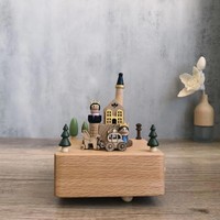 Boîte à musique artisanale en bois de hêtre, train rotatif, carrousel, château, à remonter, cadeau de Noël ou d'anniversaire pour enfants