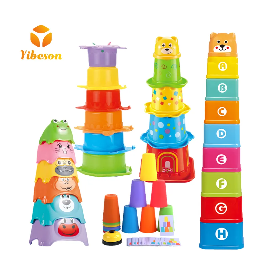 Kids Bath colored Cute Fish Bear Square Round Stack Up n Count Game Plastic Speed Quick Baby Stacking Cups Toy With Cards