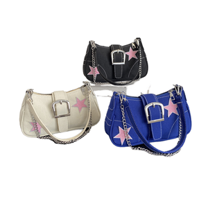 Sweet Cool Girl's High-End Spring European-American Retro Underarm <b>Bag</b> Single Strap Polyester <b>Patchwork</b> Star Zip Daily Use - Product Image 1