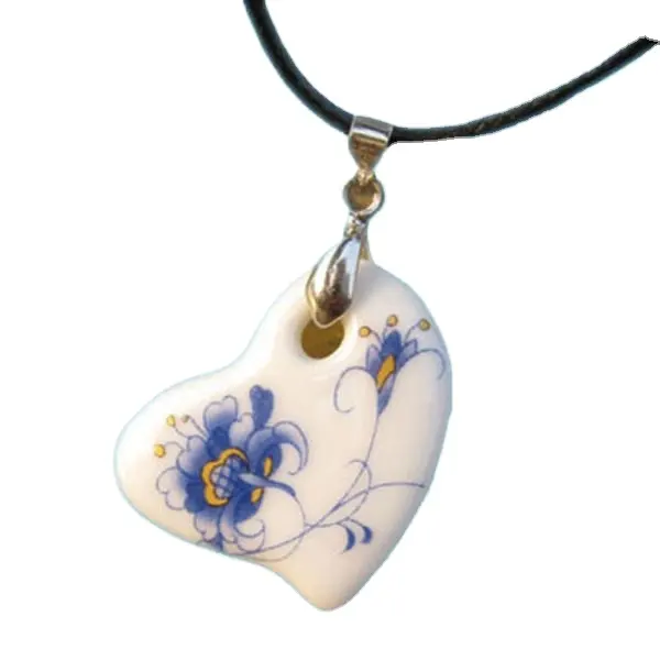 Kalung Tali Choker Liontin Bunga Biru Putih Berbentuk Hati Keramik