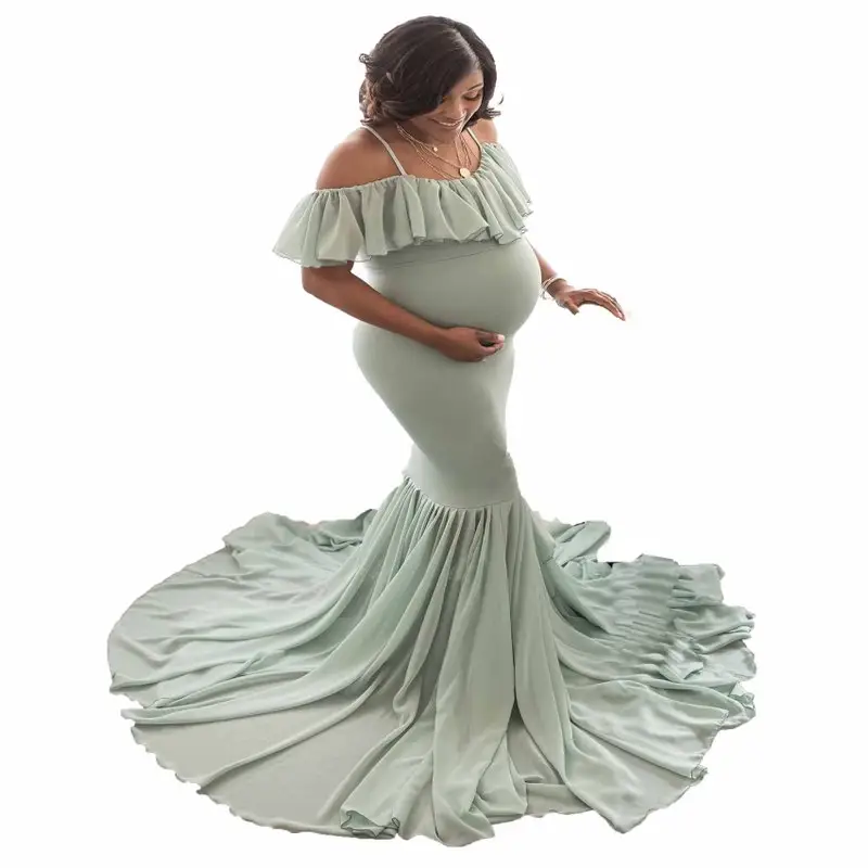 Maternity Photography Props Floral Lace Dress Fancy Pregnancy Gown For Baby Shower Photo Shoot Flying Sleeve Ruffle Dress