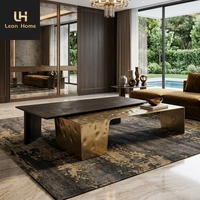 Table basse de salon moderne de luxe, style nordique, noir et or, en métal rustique avec plateau en marbre