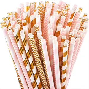 Atops 6mm 8mm 10mm 12mm Disposable Paper Packing Straws Green Stripe Paper Straws For Wedding Party Juice