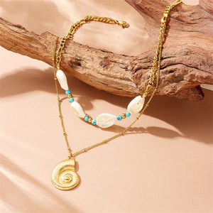 Retro Turquoise Conch Shell Layered Necklace Gold Pendant Stainless Steel Double Chain Stackable Fashion Jewelry - Product Image 3