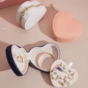 Portable Heart Shaped PU Leather Jewelry <b>Box</b> Zippered Travel Organizer with Velvet Lining for Rings Earrings Necklaces - Product Image 2