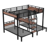 Lit superposé en métal Queen sur Twin avec étagères de rangement et escalier de rangement, lit superposé triple en métal, ODM/OEM disponible