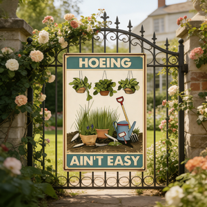 Letreros de jardín de hierro rústico personalizados con la frase 'Hoeing Ain't Easy', letrero vintage, decoración de pared, para cumpleaños, hogar, sala de estar, patio, cocina - Product Image 3