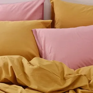 100% Cotton The New Washed Cotton Bedding set Solid Color Pink Brown Color 4pc Duvet Cover Comforter Set Bed Sheet set