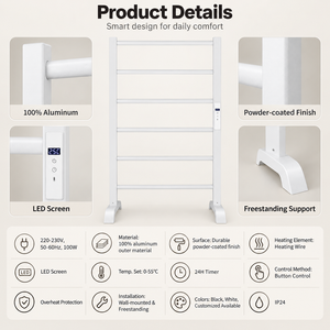 Freestanding Electric <strong>Heated</strong> <strong>Towel</strong> <strong>Rail</strong> 6 Bars 100W Floor <strong>Standing</strong> <strong>Heated</strong> <strong>Towel</strong> Rack White Aluminum LED 24H Timer IP24 Bathroom - Product Image 3