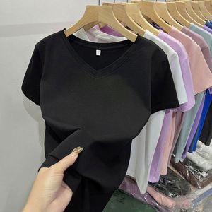 2024 Summer High Quality Tees Customized Logo Cotton Casual Wear Short Sleeve V Neck Solid Shirt for Women - Product Image 6
